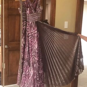 BICICI SILK CHIFFON LONG DRESS GOWN BEADED CRYSTALS METALLIC PLEATED PURPLE